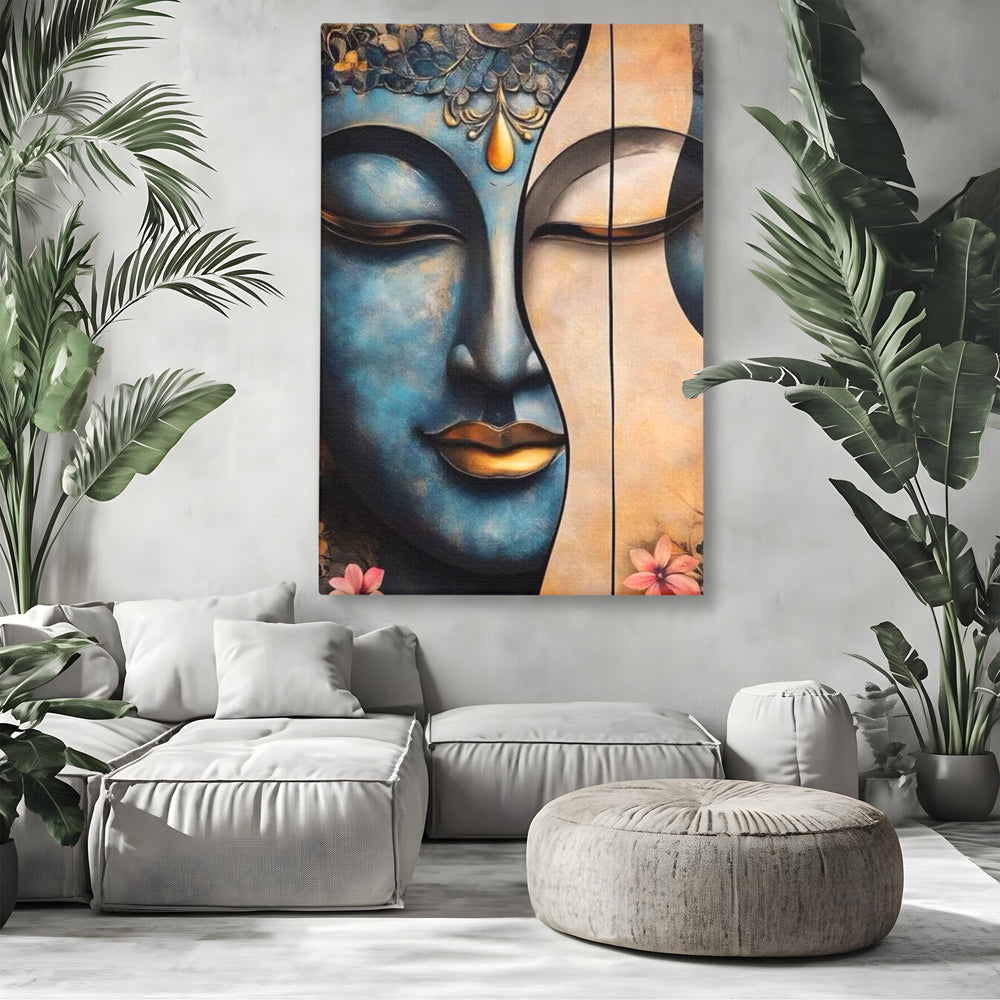 Tablou canvas cu tablou canvas cu chipul lui buddha, fara rama, pe sasiu de lemn, pe perete intr-un living